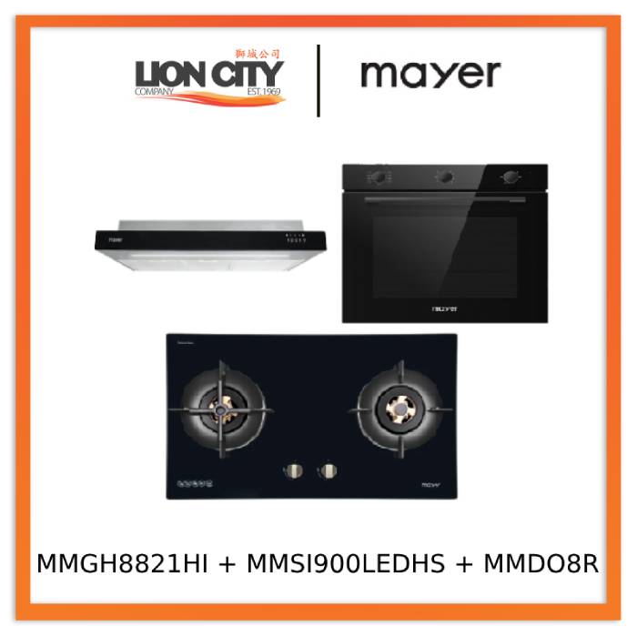 Mayer MMGH8821HI 86cm 2 Burner Glass Gas Hob + MMSI900LEDHS 90cm Semi-integrated Slimline Hood + MMDO8R 60 cm Built-in Oven with Smoke Ventilation
