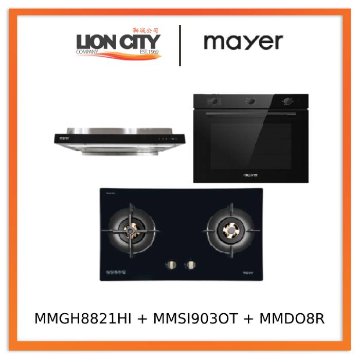 Mayer MMGH8821HI 86cm 2 Burner Glass Gas Hob + MMSI903OT Cm Semi-integrated Hood With Oil Tray + MMDO8R 60 cm Built-in Oven with Smoke Ventilation