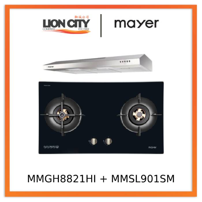 Mayer MMGH8821HI 86cm 2 Burner Glass Gas Hob + MMSL901SM 90 Cm Slimline Hood