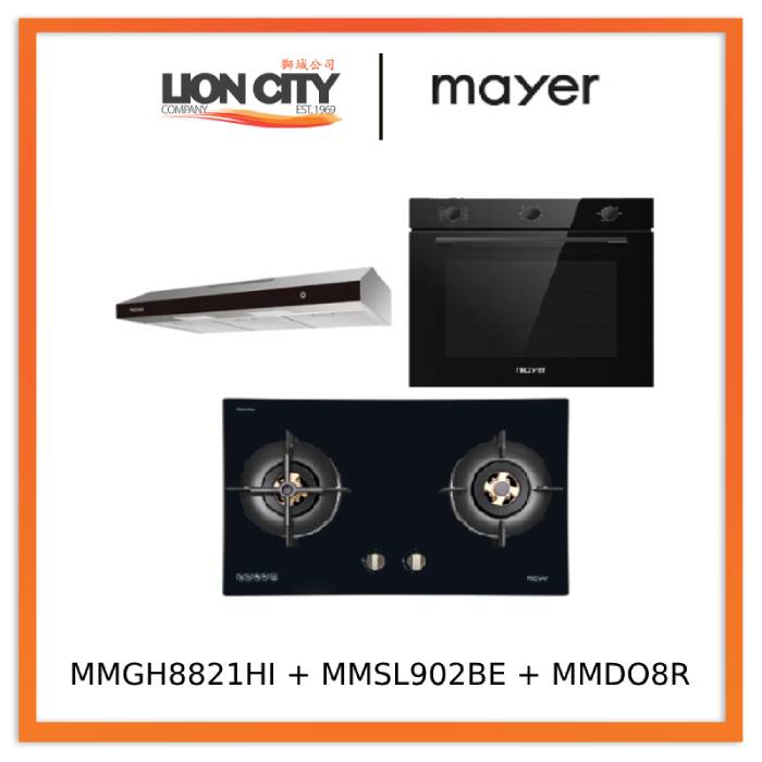 Mayer MMGH8821HI 86cm 2 Burner Glass Gas Hob + MMSL902BE  90cm Slimline Hood + MMDO8R 60 cm Built-in Oven with Smoke Ventilation