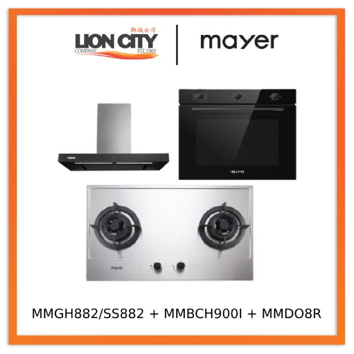 Mayer MMGH882/SS882 Built-In Gas Hob 2 Burners + MMBCH900I Chimney Hood + MMDO8R 60 cm Built-in Oven with Smoke Ventilation
