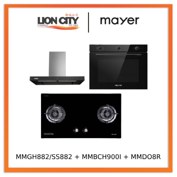 Mayer MMGH882/SS882 Built-In Gas Hob 2 Burners + MMBCH900I Chimney Hood + MMDO8R 60 cm Built-in Oven with Smoke Ventilation