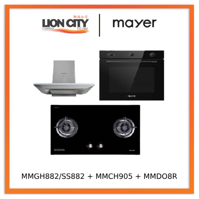 Mayer MMGH882/SS882 Built-In Gas Hob 2 Burners + MMCH905 90cm Chimney Hood + MMDO8R 60 cm Built-in Oven with Smoke Ventilation