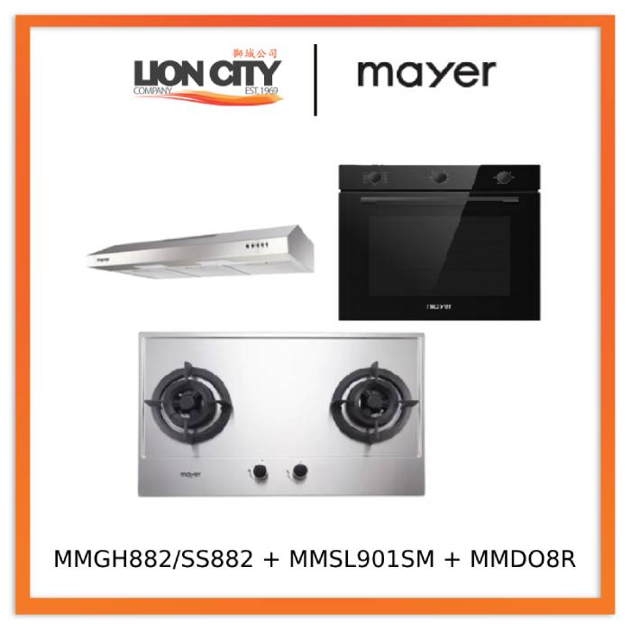 Mayer MMGH882/SS882 Built-In Gas Hob 2 Burners + MMSL901SM 90 Cm Slimline Hood + MMDO8R 60 cm Built-in Oven with Smoke Ventilation
