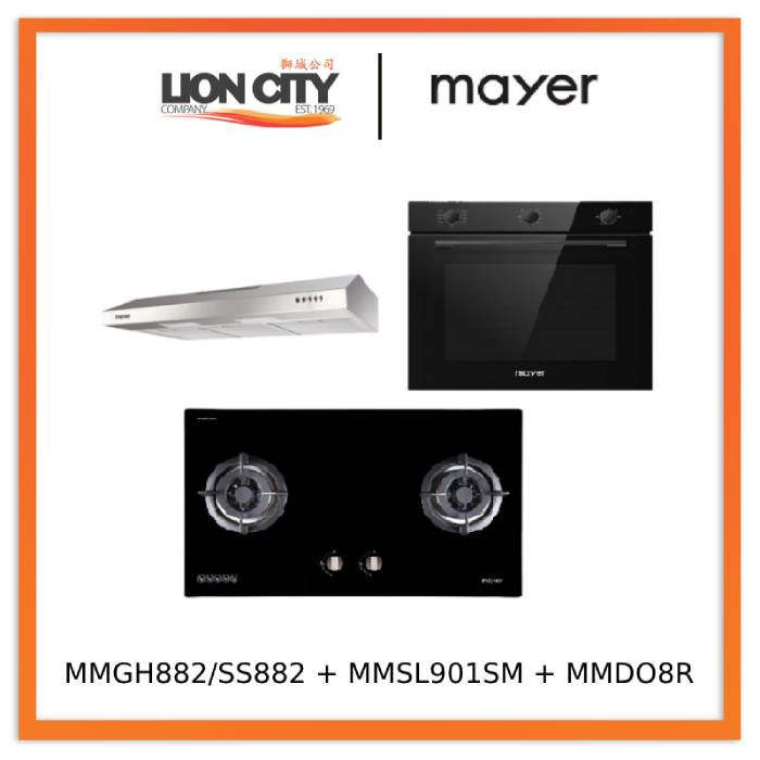 Mayer MMGH882/SS882 Built-In Gas Hob 2 Burners + MMSL901SM 90 Cm Slimline Hood + MMDO8R 60 cm Built-in Oven with Smoke Ventilation