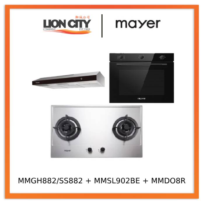 Mayer MMGH882/SS882 Built-In Gas Hob 2 Burners + MMSL902BE  90cm Slimline Hood + MMDO8R 60 cm Built-in Oven with Smoke Ventilation