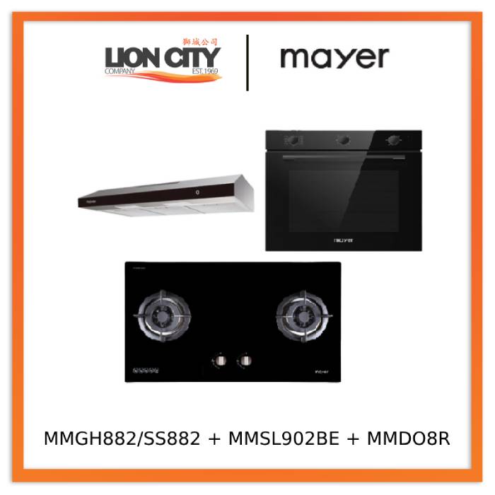 Mayer MMGH882/SS882 Built-In Gas Hob 2 Burners + MMSL902BE  90cm Slimline Hood + MMDO8R 60 cm Built-in Oven with Smoke Ventilation