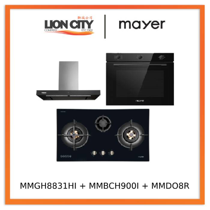 Mayer MMGH8831HI 86cm 3 Burner Glass Gas Hob +  MMBCH900I Chimney Hood + MMDO8R 60 cm Built-in Oven with Smoke Ventilation