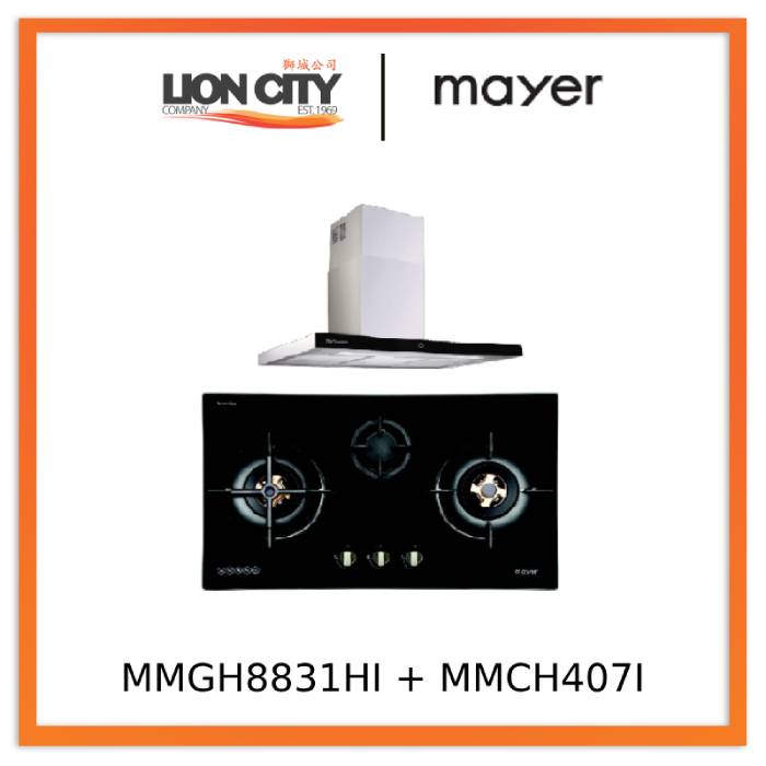 Mayer MMGH8831HI 86cm 3 Burner Glass Gas Hob + MMCH407I 90cm Chimney Hood