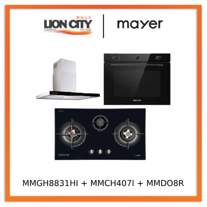 Mayer MMGH8831HI 86cm 3 Burner Glass Gas Hob + MMCH407I 90cm Chimney Hood + MMDO8R 60 cm Built-in Oven with Smoke Ventilation