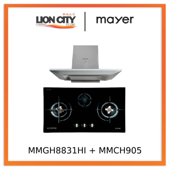 Mayer MMGH8831HI 86cm 3 Burner Glass Gas Hob + MMCH905 90cm Chimney Hood
