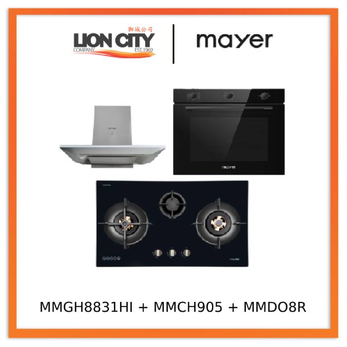 Mayer MMGH8831HI 86cm 3 Burner Glass Gas Hob + MMCH905 90cm Chimney Hood + MMDO8R 60 cm Built-in Oven with Smoke Ventilation