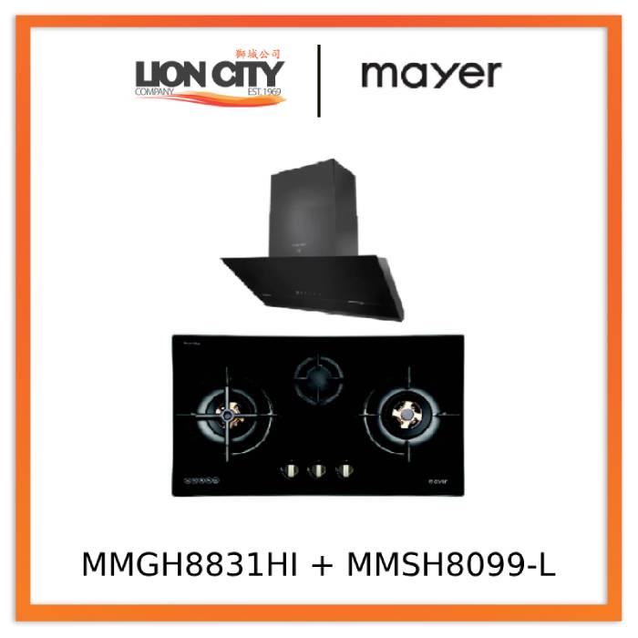Mayer MMGH8831HI 86cm 3 Burner Glass Gas Hob + MMSH8099-L Angled Chimney Hood
