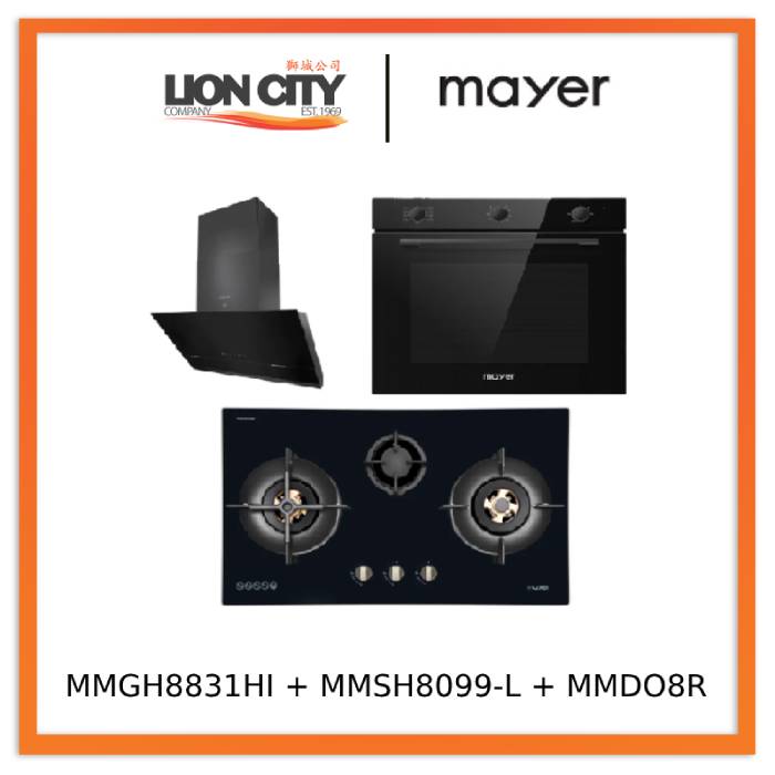 Mayer MMGH8831HI 86cm 3 Burner Glass Gas Hob + MMSH8099-L Angled Chimney Hood + MMDO8R 60 cm Built-in Oven with Smoke Ventilation
