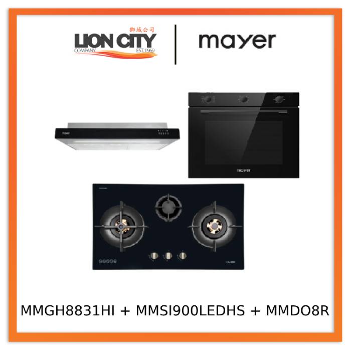 Mayer MMGH8831HI 86cm 3 Burner Glass Gas Hob + MMSI900LEDHS 90cm Semi-integrated Slimline Hood + MMDO8R 60 cm Built-in Oven with Smoke Ventilation