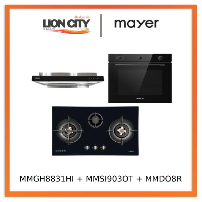 Mayer MMGH8831HI 86cm 3 Burner Glass Gas Hob + MMSI903OT Cm Semi-integrated Hood With Oil Tray + MMDO8R 60 cm Built-in Oven with Smoke Ventilation