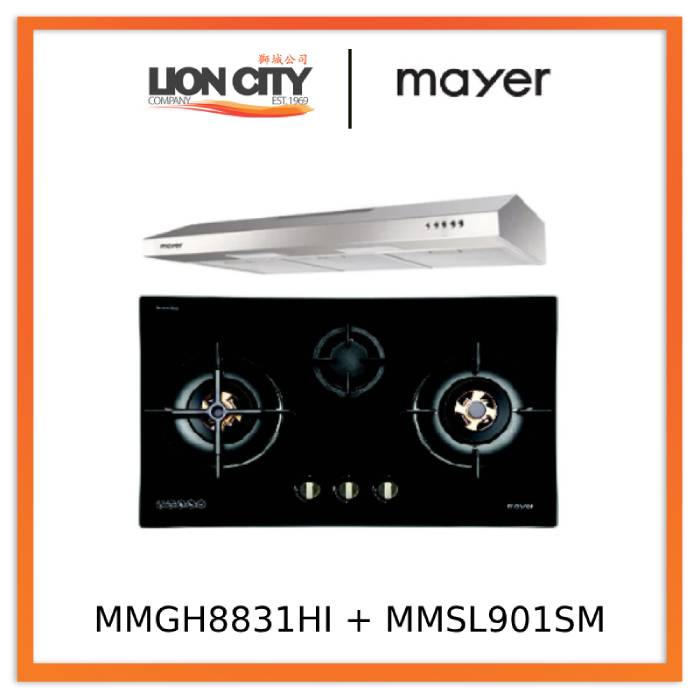 Mayer MMGH8831HI 86cm 3 Burner Glass Gas Hob + MMSL901SM 90 Cm Slimline Hood