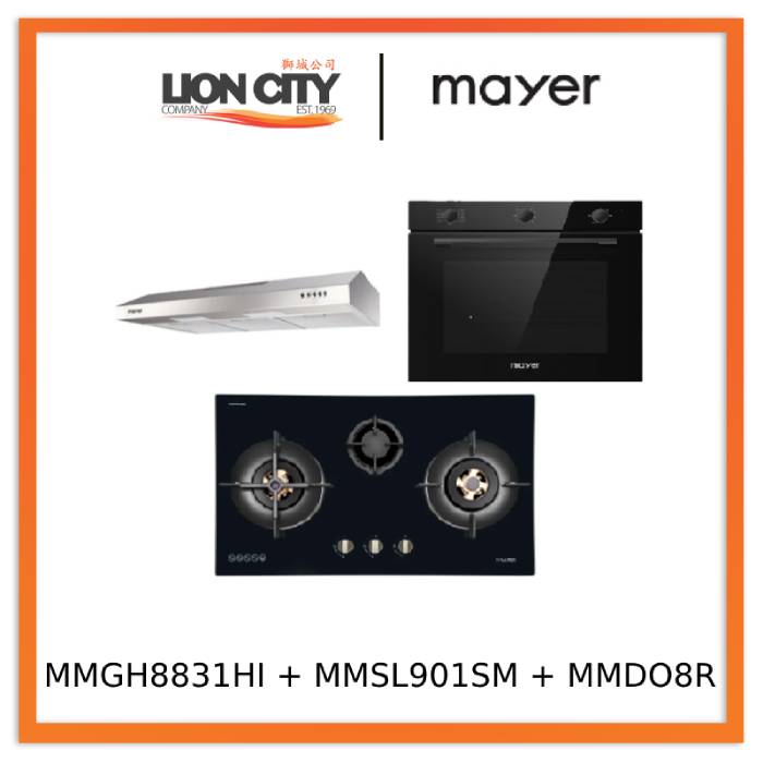 Mayer MMGH8831HI 86cm 3 Burner Glass Gas Hob + MMSL901SM 90 Cm Slimline Hood + MMDO8R 60 cm Built-in Oven with Smoke Ventilation
