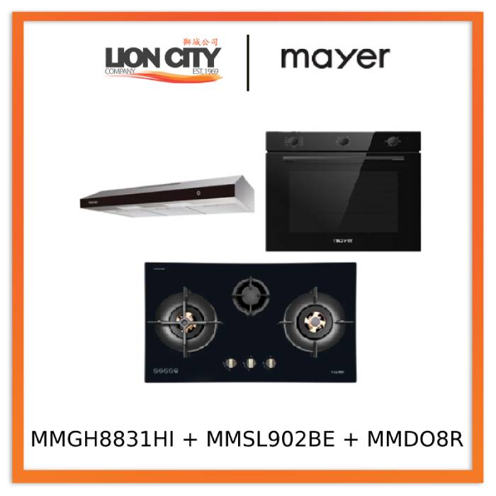 Mayer MMGH8831HI 86cm 3 Burner Glass Gas Hob + MMSL902BE  90cm Slimline Hood + MMDO8R 60 cm Built-in Oven with Smoke Ventilation