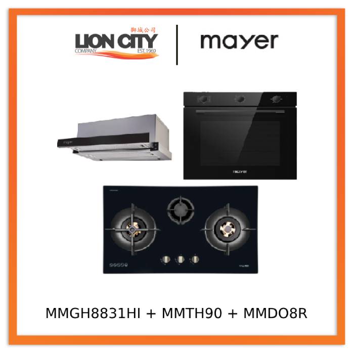 Mayer MMGH8831HI 86cm 3 Burner Glass Gas Hob + MMTH90 Telescopic Hood + MMDO8R 60 cm Built-in Oven with Smoke Ventilation