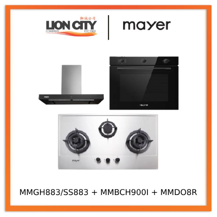 Mayer MMGH883/SS883 86cm 3 Burner Stainless Steel Gas Hob + MMBCH900I Chimney Hood + MMDO8R 60 cm Built-in Oven with Smoke Ventilation