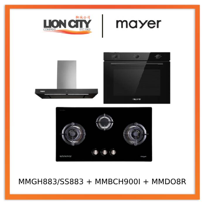 Mayer MMGH883/SS883 86cm 3 Burner Stainless Steel Gas Hob + MMBCH900I Chimney Hood + MMDO8R 60 cm Built-in Oven with Smoke Ventilation