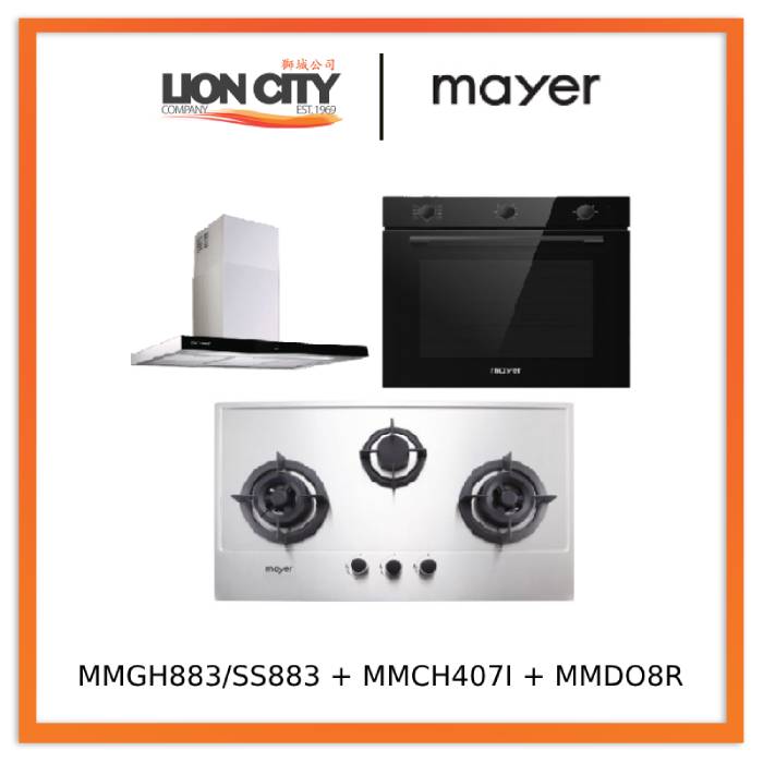 Mayer MMGH883/SS883 86cm 3 Burner Stainless Steel Gas Hob + MMCH407I 90cm Chimney Hood + MMDO8R 60 cm Built-in Oven with Smoke Ventilation