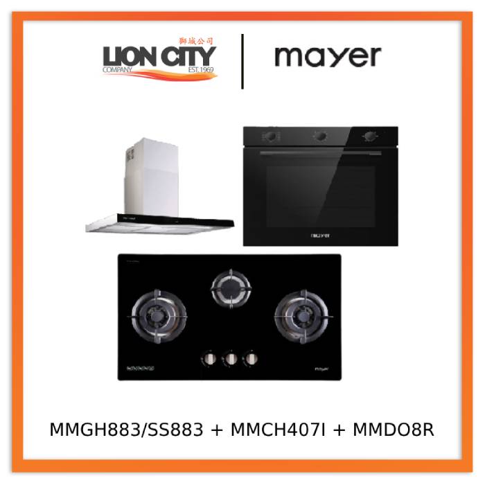 Mayer MMGH883/SS883 86cm 3 Burner Stainless Steel Gas Hob + MMCH407I 90cm Chimney Hood + MMDO8R 60 cm Built-in Oven with Smoke Ventilation
