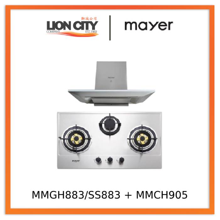 Mayer MMGH883/SS883 86cm 3 Burner Stainless Steel Gas Hob + MMCH905 90cm Chimney Hood - Lion City Company
