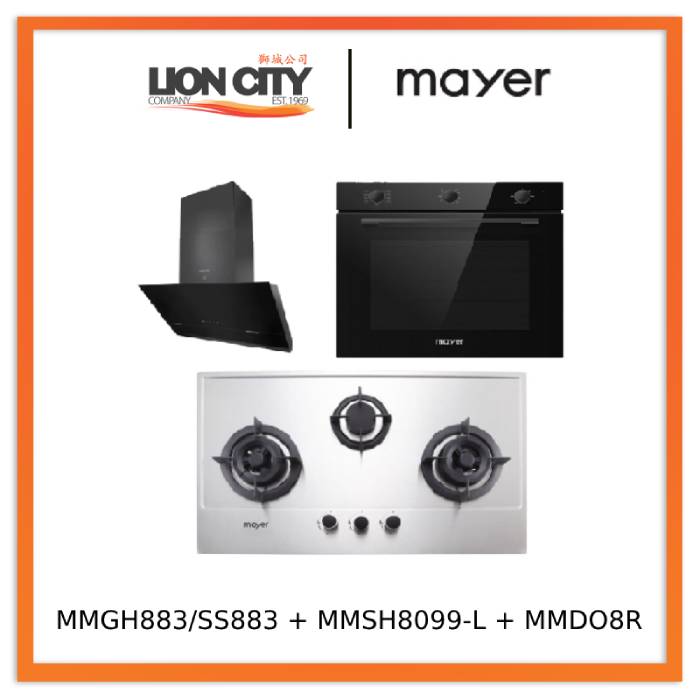 Mayer MMGH883/SS883 86cm 3 Burner Stainless Steel Gas Hob + MMSH8099-L Angled Chimney Hood + MMDO8R 60 cm Built-in Oven with Smoke Ventilation
