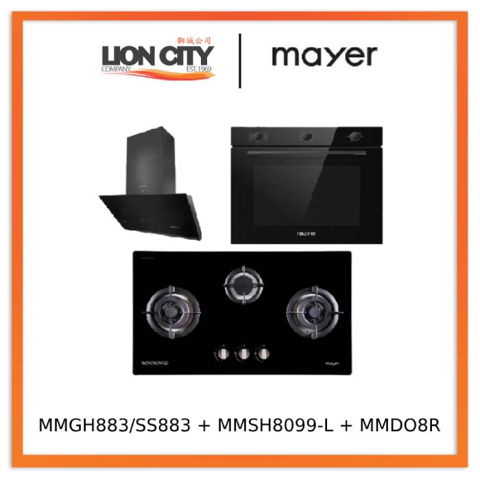 Mayer MMGH883/SS883 86cm 3 Burner Stainless Steel Gas Hob + MMSH8099-L Angled Chimney Hood + MMDO8R 60 cm Built-in Oven with Smoke Ventilation