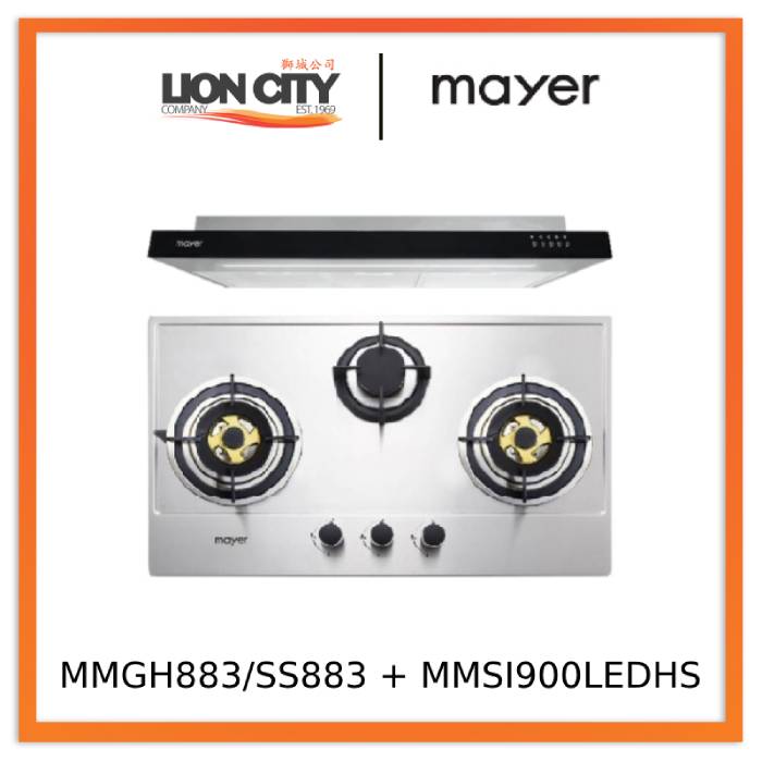 Mayer MMGH883/SS883 86cm 3 Burner Stainless Steel Gas Hob + MMSI900LEDHS 90cm Semi-integrated Slimline Hood - Lion City Company