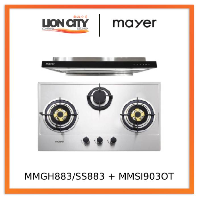 Mayer MMGH883/SS883 86cm 3 Burner Stainless Steel Gas Hob + MMSI903OT Cm Semi-integrated Hood With Oil Tray