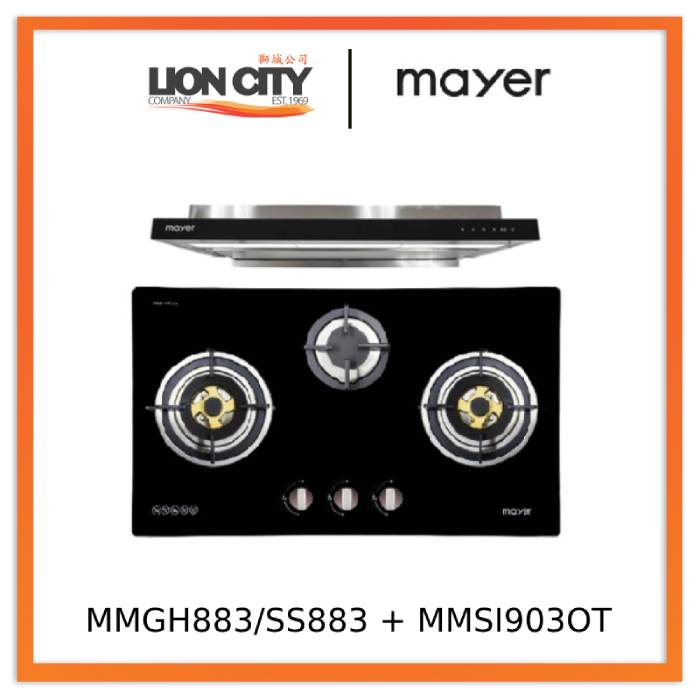 Mayer MMGH883/SS883 86cm 3 Burner Stainless Steel Gas Hob + MMSI903OT Cm Semi-integrated Hood With Oil Tray
