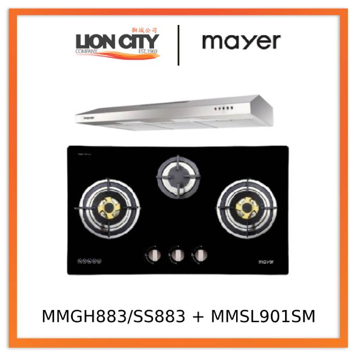 Mayer MMGH883/SS883 86cm 3 Burner Stainless Steel Gas Hob + MMSL901SM 90 Cm Slimline Hood