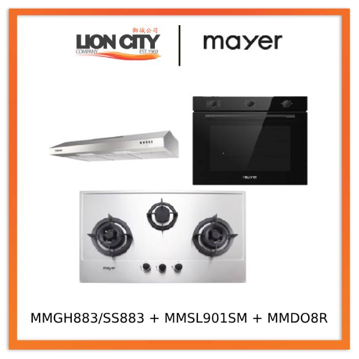 Mayer MMGH883/SS883 86cm 3 Burner Stainless Steel Gas Hob + MMSL901SM 90 Cm Slimline Hood + MMDO8R 60 cm Built-in Oven with Smoke Ventilation