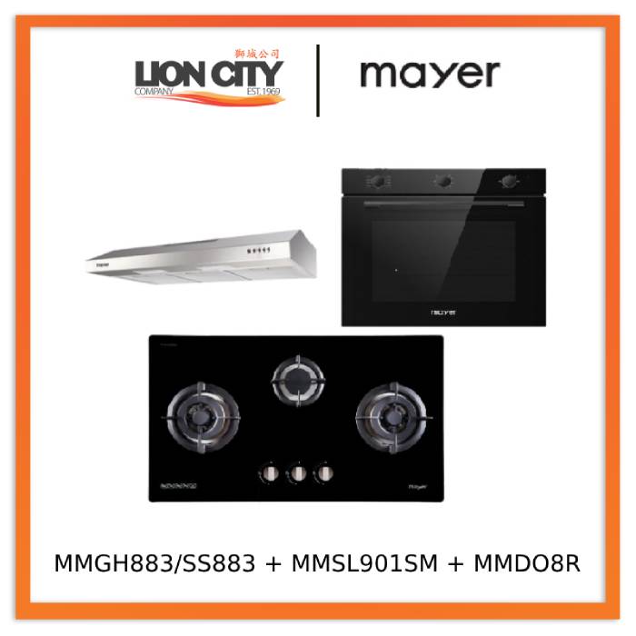 Mayer MMGH883/SS883 86cm 3 Burner Stainless Steel Gas Hob + MMSL901SM 90 Cm Slimline Hood + MMDO8R 60 cm Built-in Oven with Smoke Ventilation