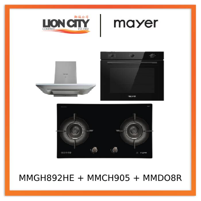Mayer MMGH892HE 86cm 2 Burner Gas Hob + MMCH905 90cm Chimney Hood + MMDO8R 60 cm Built-in Oven with Smoke Ventilation