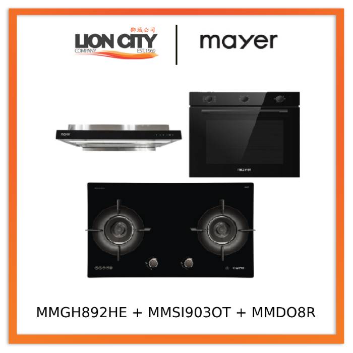 Mayer MMGH892HE 86cm 2 Burner Gas Hob + MMSI903OT Cm Semi-integrated Hood With Oil Tray + MMDO8R 60 cm Built-in Oven with Smoke Ventilation
