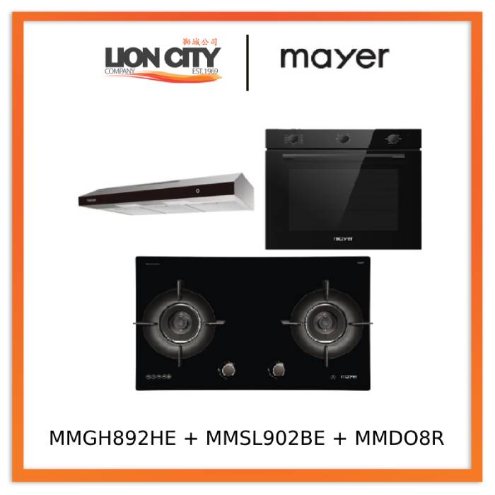 Mayer MMGH892HE 86cm 2 Burner Gas Hob + MMSL902BE  90cm Slimline Hood + MMDO8R 60 cm Built-in Oven with Smoke Ventilation