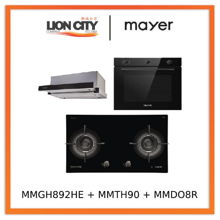 Mayer MMGH892HE 86cm 2 Burner Gas Hob + MMTH90 Telescopic Hood + MMDO8R 60 cm Built-in Oven with Smoke Ventilation