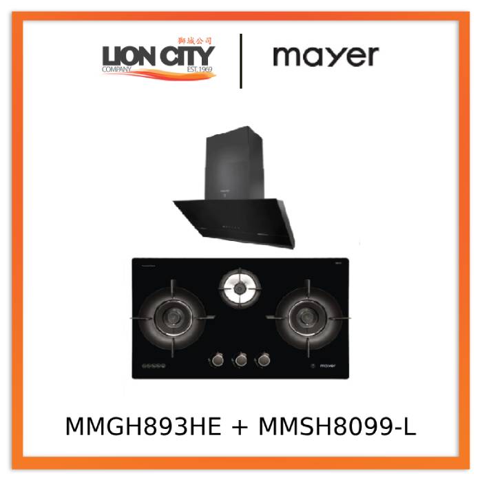 Mayer MMGH893HE 86cm 3 Burner Gas Hob + MMSH8099-L Angled Chimney Hood