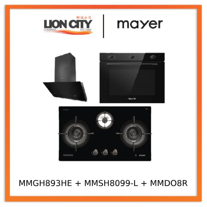 Mayer MMGH893HE 86cm 3 Burner Gas Hob + MMSH8099-L Angled Chimney Hood + MMDO8R 60 cm Built-in Oven with Smoke Ventilation