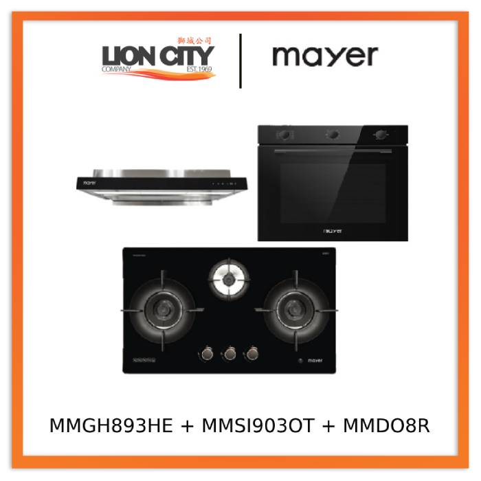 Mayer MMGH893HE 86cm 3 Burner Gas Hob + MMSI903OT Cm Semi-integrated Hood With Oil Tray + MMDO8R 60 cm Built-in Oven with Smoke Ventilation