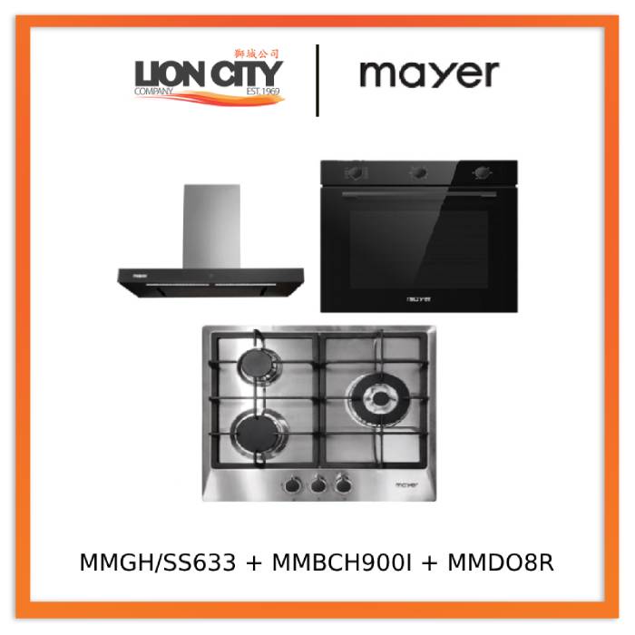 Mayer MMGH883/SS883 86cm 3 Burner Stainless Steel Gas Hob + MMBCH900I Chimney Hood + MMDO8R 60 cm Built-in Oven with Smoke Ventilation