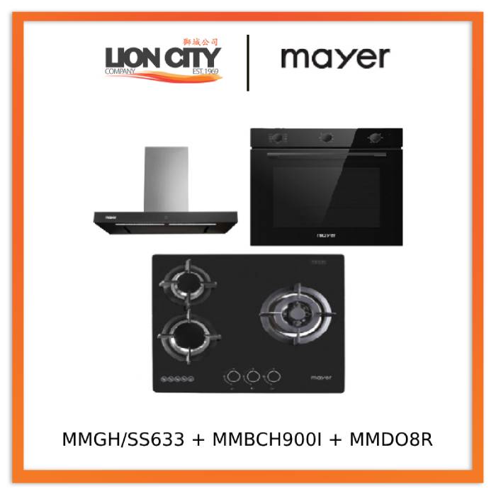 Mayer MMGH883/SS883 86cm 3 Burner Stainless Steel Gas Hob + MMBCH900I Chimney Hood + MMDO8R 60 cm Built-in Oven with Smoke Ventilation