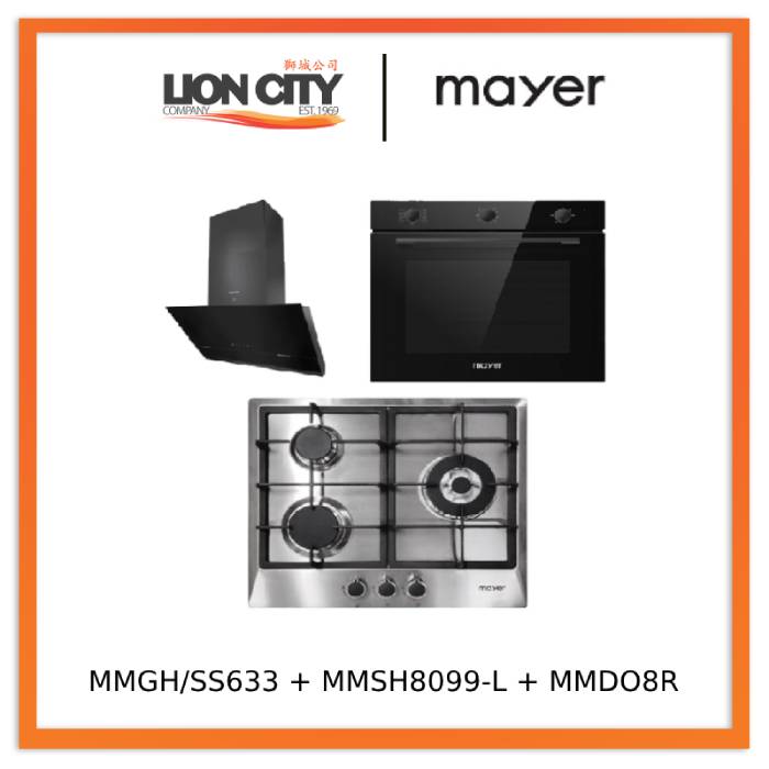Mayer MMGH/SS633 60cm 3 Burner Glass Gas Hob + MMSH8099-L Angled Chimney Hood + MMDO8R 60 cm Built-in Oven with Smoke Ventilation