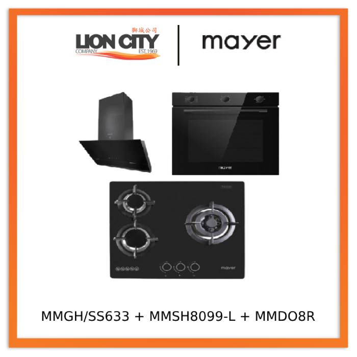 Mayer MMGH/SS633 60cm 3 Burner Glass Gas Hob + MMSH8099-L Angled Chimney Hood + MMDO8R 60 cm Built-in Oven with Smoke Ventilation