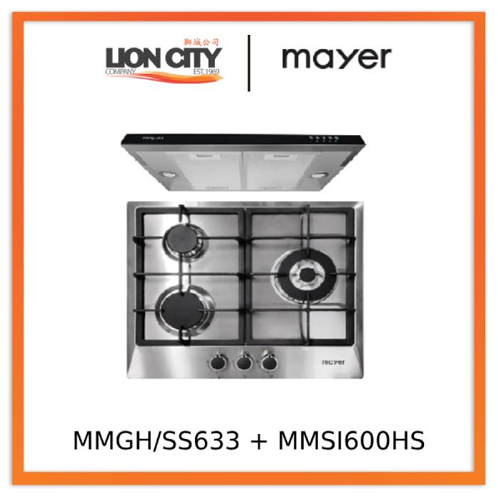 Mayer MMGH/SS633 60cm 3 Burner Glass Gas Hob + MMSI600HS 60 Cm Semi-integrated Slimline Hood
