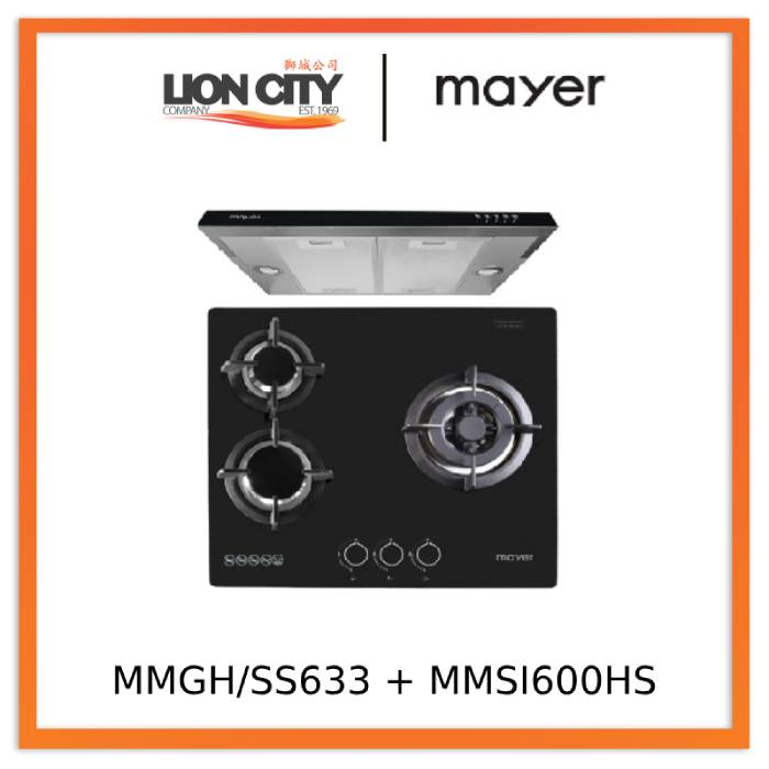 Mayer MMGH/SS633 60cm 3 Burner Glass Gas Hob + MMSI600HS 60 Cm Semi-integrated Slimline Hood